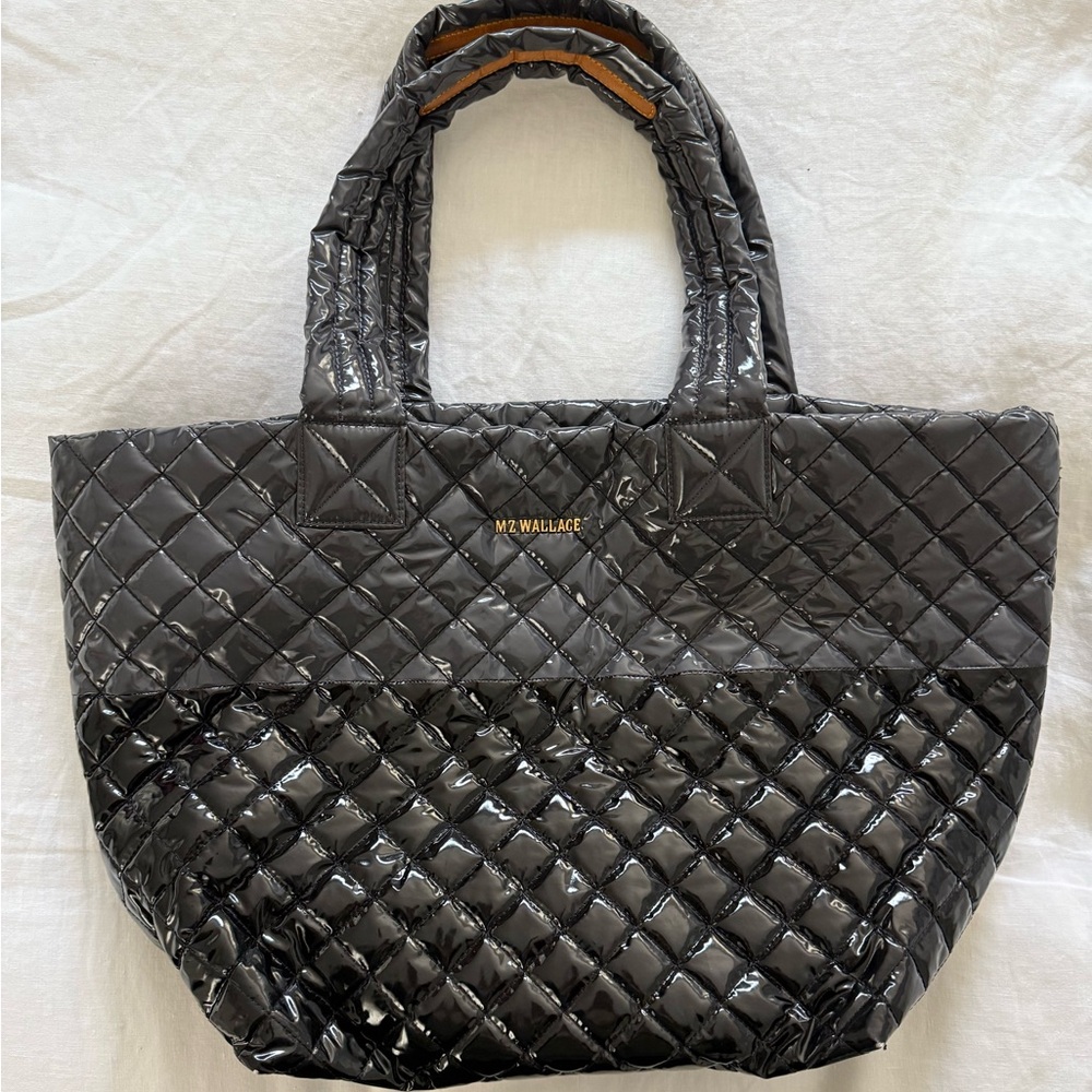 MZ Wallace Medium Metro Tote in Black/Gray Color-block black lacquer color.